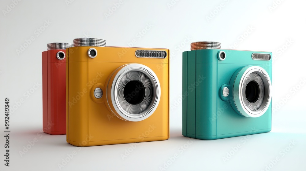 Three stylish cameras, each unique in color and design, showcased on a white backdrop Three stylish cameras, each unique in color and design, showcased on a white backdrop