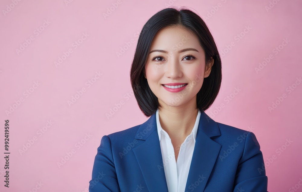 young Japanese woman in business attire stands with confidence against a pastel pink background, her posture and expression emphasizing a balance of professionalism. young Japanese woman in business attire stands with confidence against a pastel pink background, her posture and expression emphasizing a balance of professionalism.