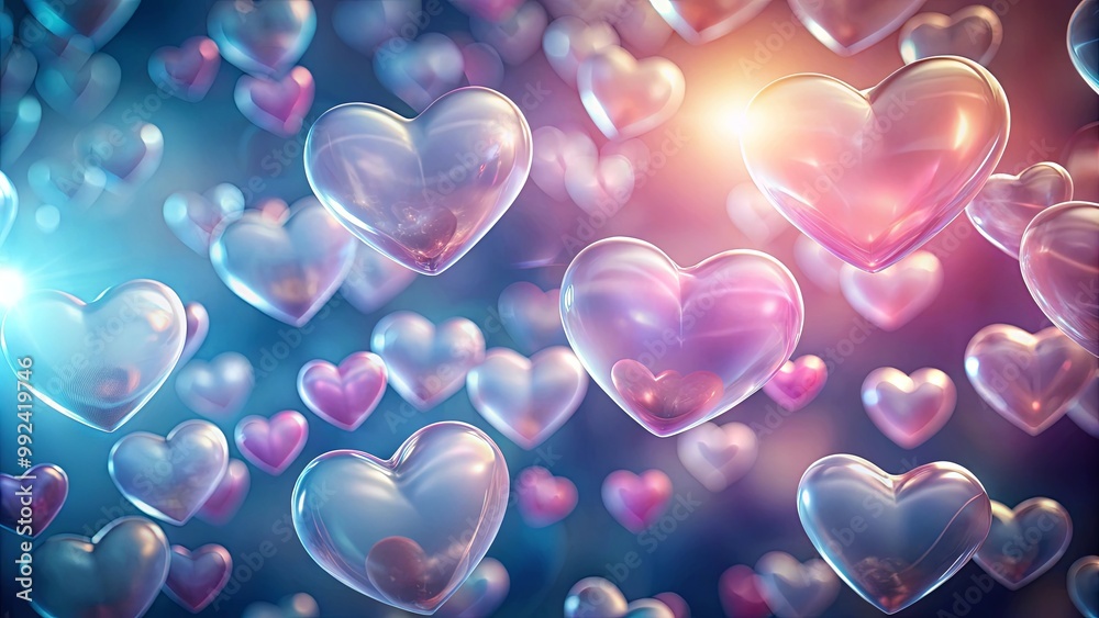 A Dreamy, Blurred Background of Floating, Iridescent Hearts in Soft Hues of Pink and Blue A Dreamy, Blurred Background of Floating, Iridescent Hearts in Soft Hues of Pink and Blue