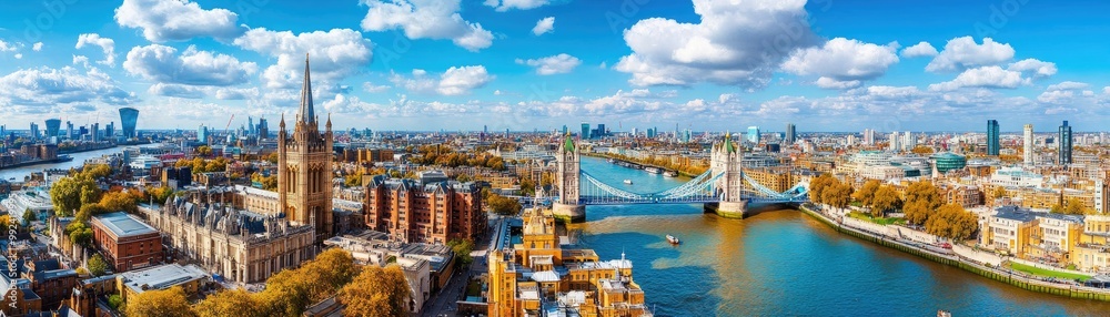 Fototapeta premium A panoramic view of London showcasing the River Thames, iconic architecture, and vibrant city life under a bright blue sky.