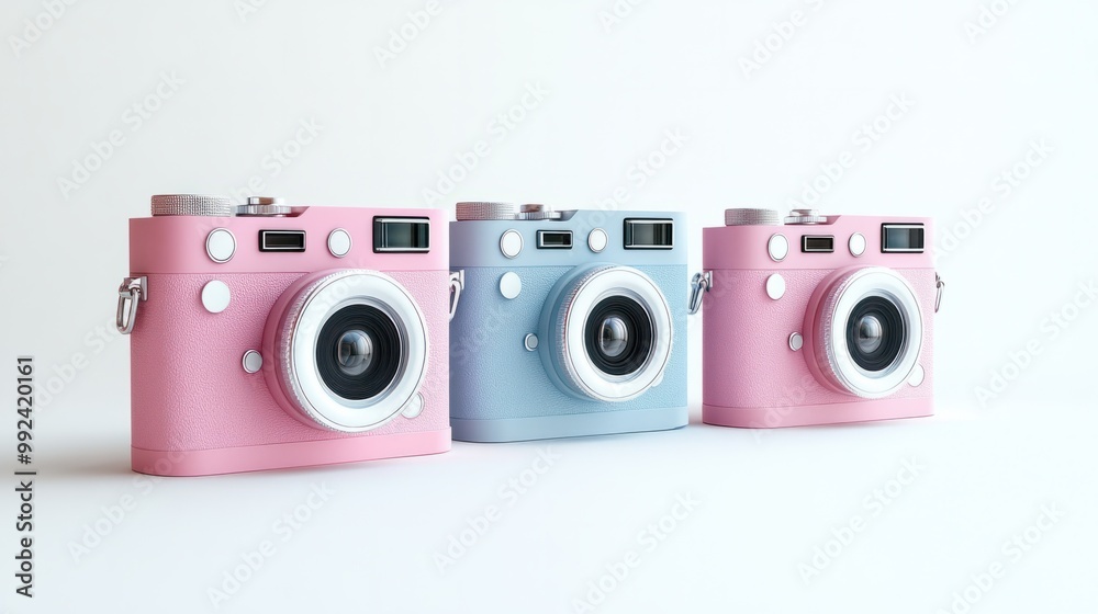 Trio of stylish cameras, each in a unique color, on a clean white backdrop