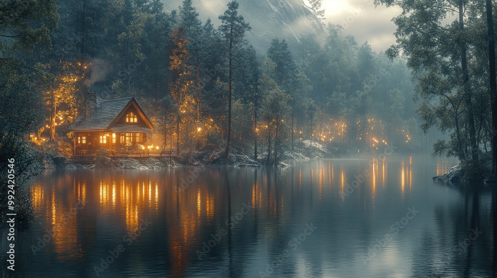 Tranquil lakeside cabin illuminated at dusk among trees. Tranquil lakeside cabin illuminated at dusk among trees.