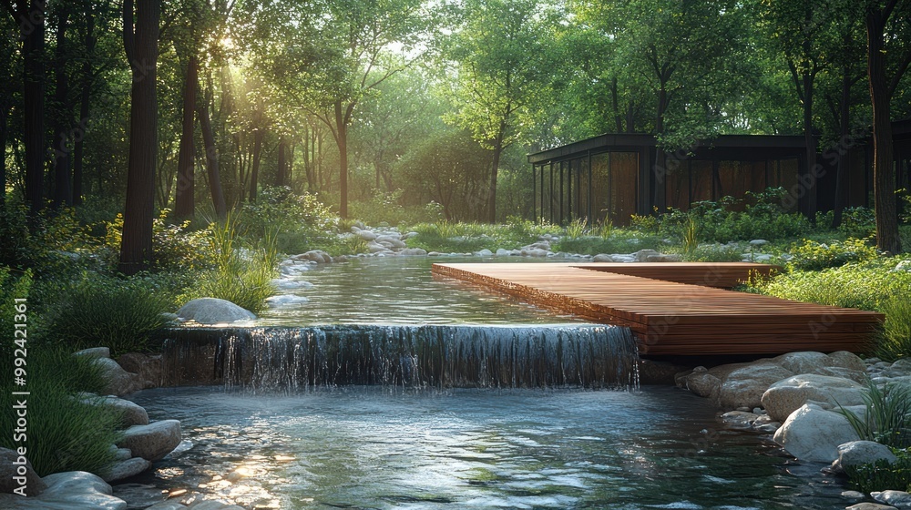 Serene landscape with a wooden path beside a tranquil stream. Serene landscape with a wooden path beside a tranquil stream.