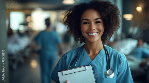 Smiling healthcare professional in scrubs with a clipboard, conveying warmth and care in a medical environment. photo