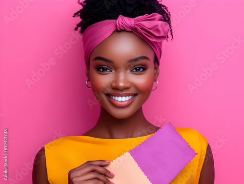 Cheerful woman holding color swatches, vibrant background, showcasing fashion and creativity with a smile. photo