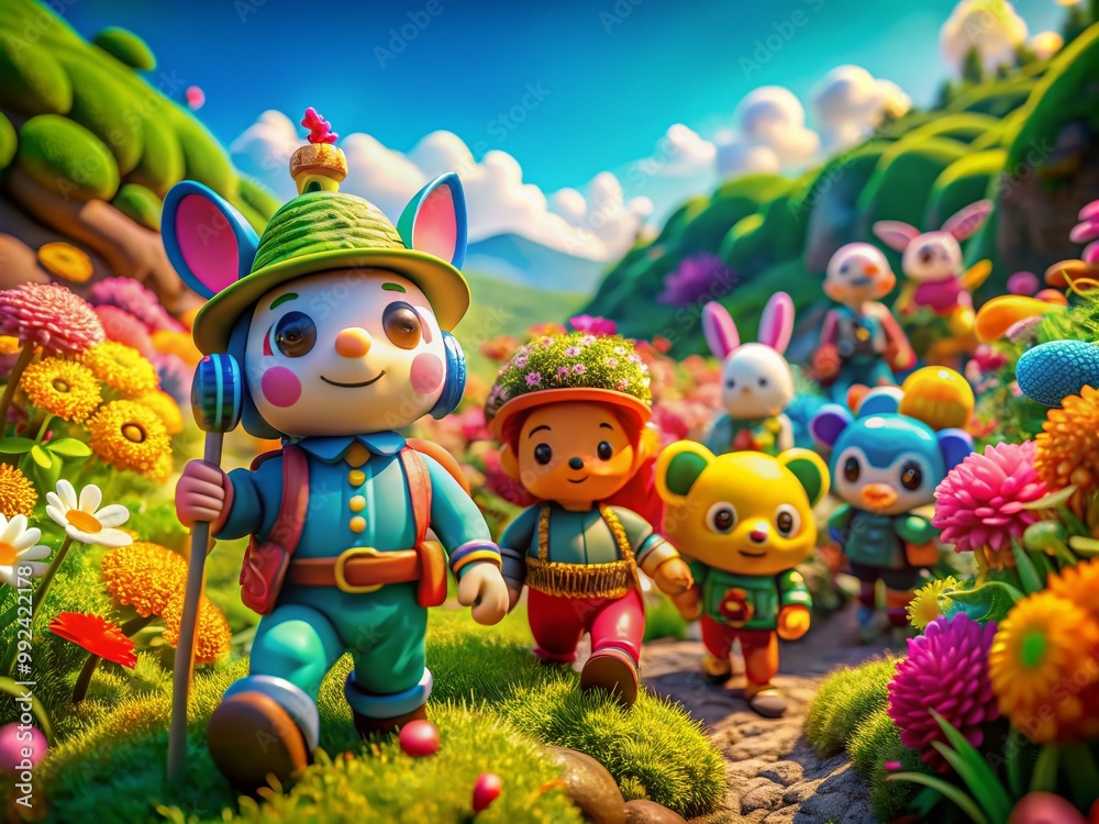Fototapeta premium Colorful cartoon characters in a playful adventure with a vibrant landscape and imaginative scenery