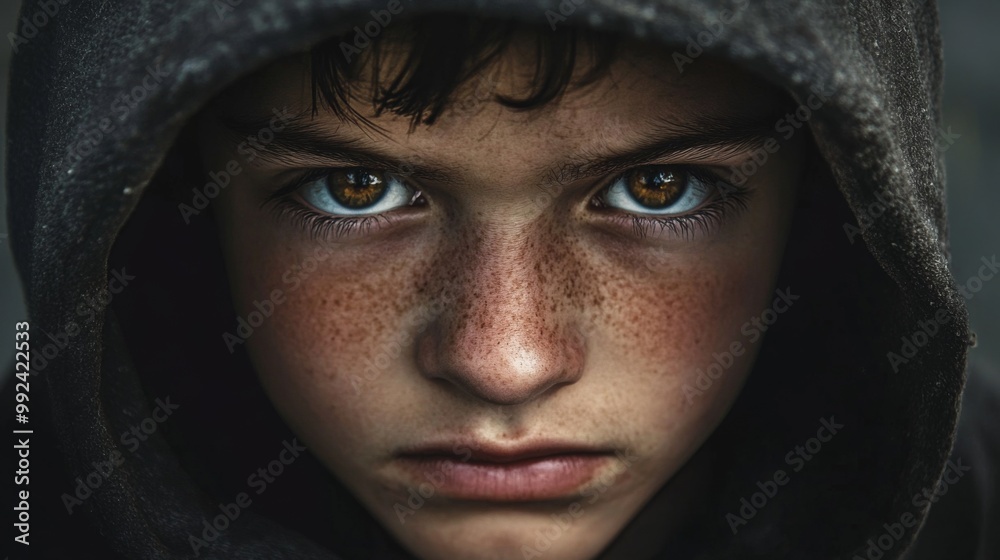 Close-up Portrait of a Boy with Freckles and a Determined Expression Wearing a Hooded Sweatshirt Close-up Portrait of a Boy with Freckles and a Determined Expression Wearing a Hooded Sweatshirt