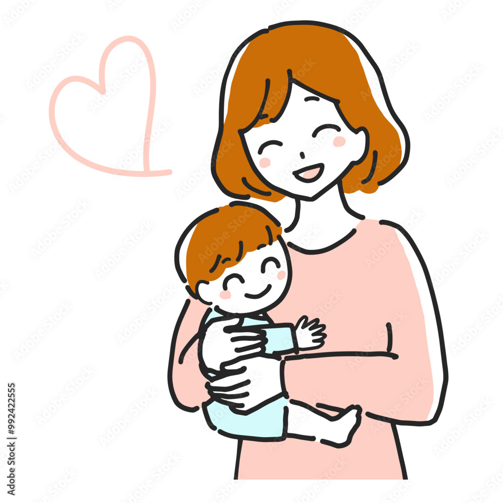 Line drawing illustration of a happy mother holding her infant with a smile. Line drawing illustration of a happy mother holding her infant with a smile.