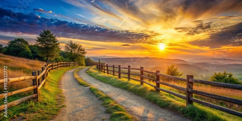 A Winding Country Road Leads to a Majestic Sunset Over Rolling Hills and a Wooden Fence