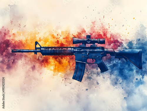 A detailed illustration of an assault rifle against a vibrant, abstract background.