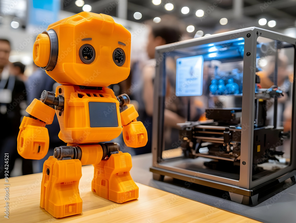 Fototapeta premium A vibrant orange robotic toy stands next to a 3D printer, showcasing innovation and creativity in technology.