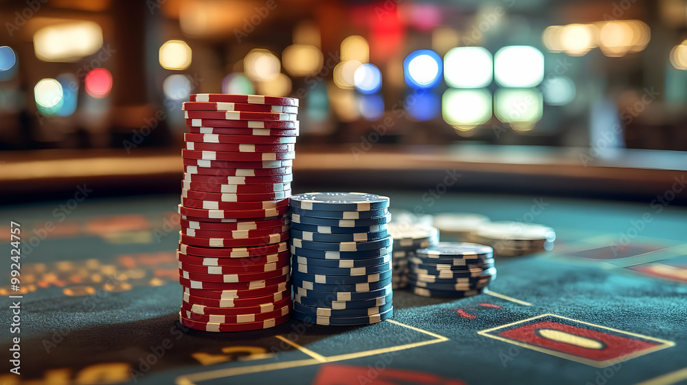 Close-up of stacked poker chips on a game table, colorful and vibrant with a casino atmosphere in the background.