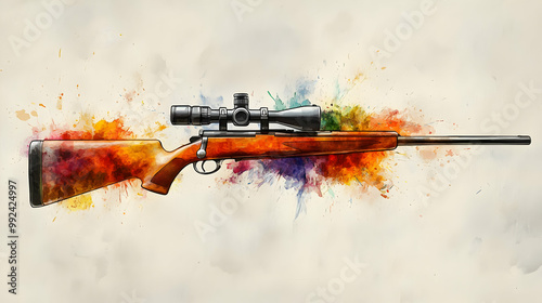 Vibrant watercolor representation of a rifle with a scope and colorful splashes, showcasing artistic design elements. photo