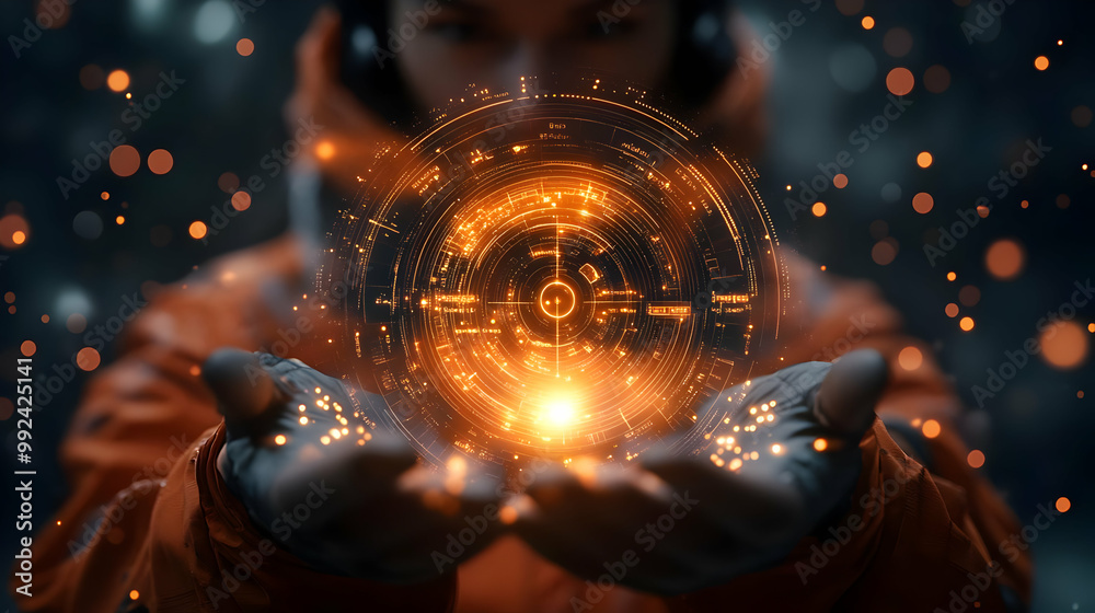 A person holds a glowing orb, surrounded by digital effects that symbolize innovation and technology. A person holds a glowing orb, surrounded by digital effects that symbolize innovation and technology.