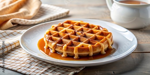 A golden waffle, drizzled with caramel sauce, sits on a white plate, awaiting a delightful breakfast experience.