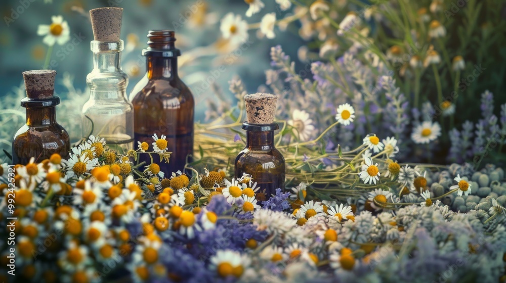 Glass Bottles and Fresh Chamomile Flowers for Herbal Medicine Glass Bottles and Fresh Chamomile Flowers for Herbal Medicine