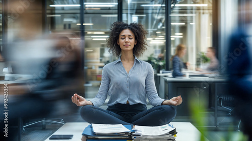 a businesswoman meditates on the desk of an open plan office