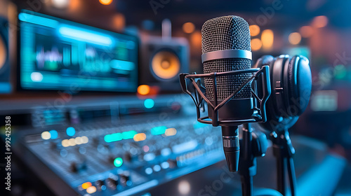 Close-up of a microphone in a vibrant recording studio with colorful sound mixing equipment in the background.