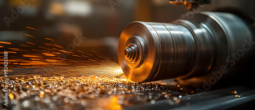 Close-up of a lathe machine cutting metal with sparks flying, showcasing precision and craftsmanship in manufacturing. photo