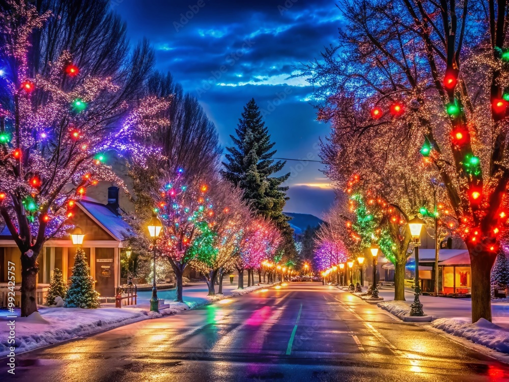 Fototapeta premium Colorful Christmas Lights Brighten a Charming Caldwell Idaho Street During the Holiday Season