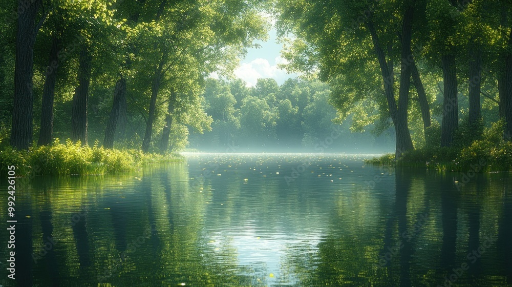 Serene forest reflection on a tranquil lake under soft sunlight. Serene forest reflection on a tranquil lake under soft sunlight.