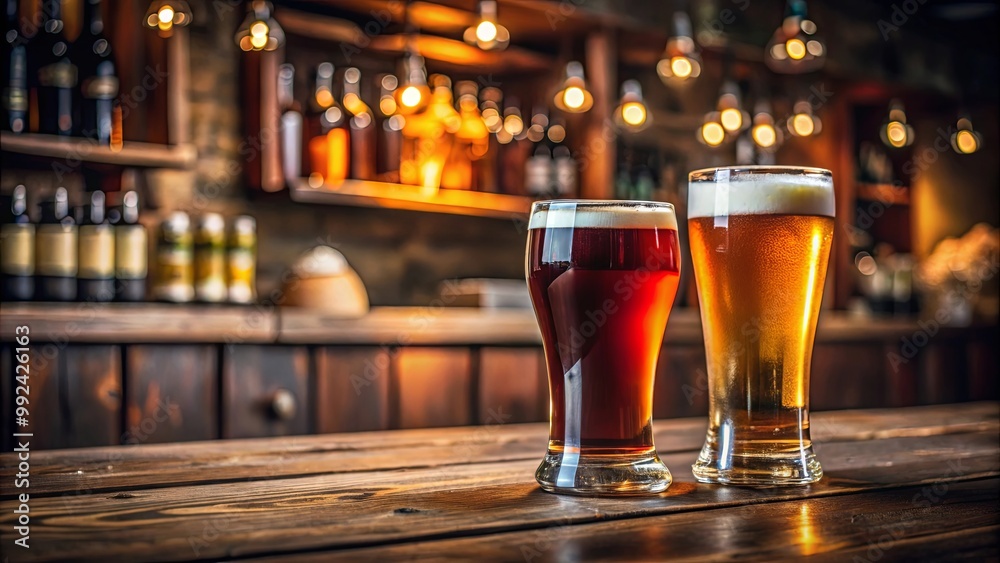 Two Glasses of Beer Resting on a Rustic Wooden Bartop with a Blurred Bar Background