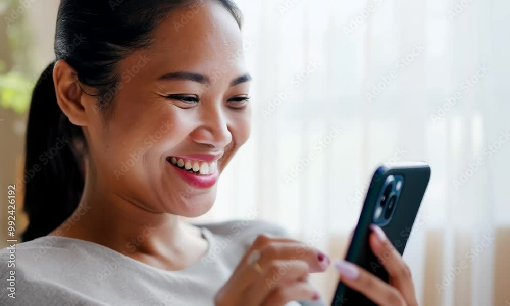 Young Woman Using Smartphone and Laughing in Bed Young Woman Using Smartphone and Laughing in Bed