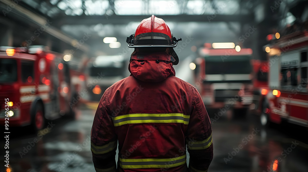 Firefighter in red uniform stands before fire trucks in a stormy, industrial setting. Firefighter in red uniform stands before fire trucks in a stormy, industrial setting.