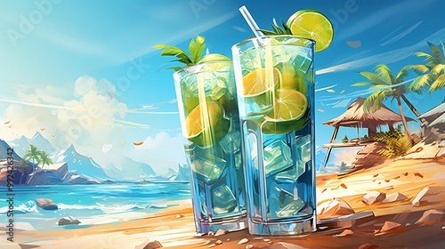 Refreshing sorb apple spritzer sparkling water fresh mint served tropical beachside bar colorful umbrella ocean wave softly blurred behind creating vibrant hydrating drink Scientific name Sorbus photo