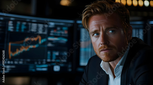 A focused businessman analyzing data on multiple screens in a modern office setting.