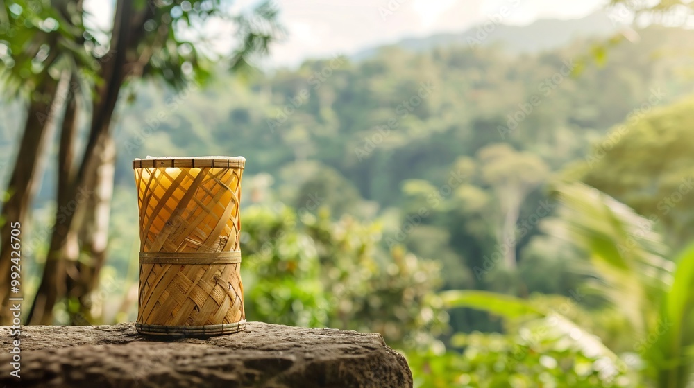 Refreshing sugar apple juice served bamboo cup placed stone table jungle retreat meditation space softly blurred in the background promoting tranquility and hydration Scientific name Annona squamosa Refreshing sugar apple juice served bamboo cup placed stone table jungle retreat meditation space softly blurred in the background promoting tranquility and hydration Scientific name Annona squamosa