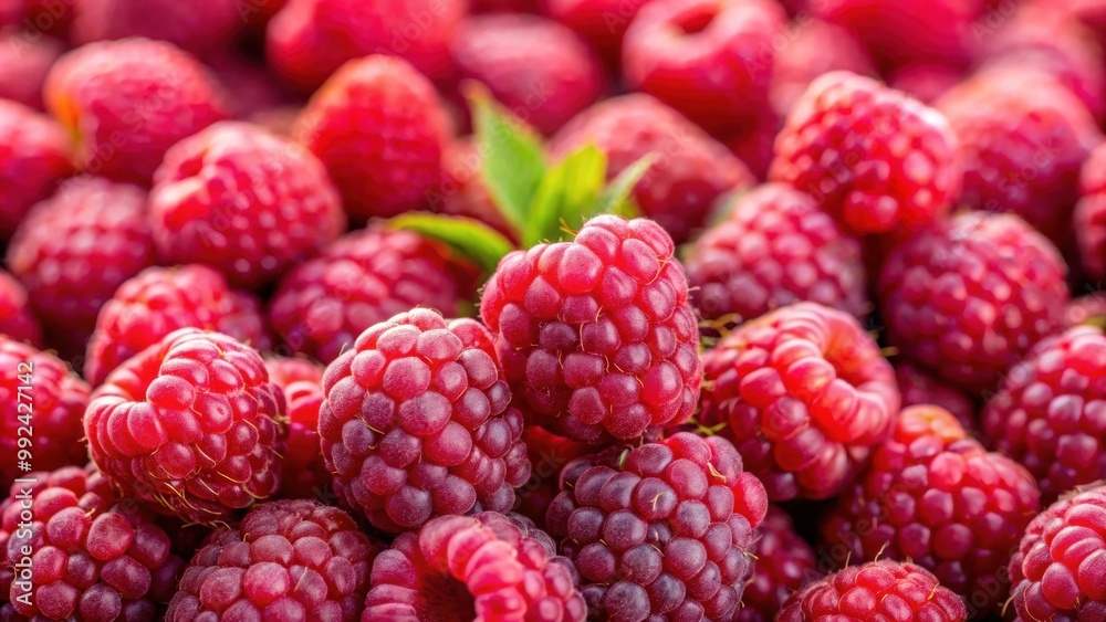 Macro photography of fresh raspberry berries being harvested in autumn, perfect for making delicious jam and sauce Macro photography of fresh raspberry berries being harvested in autumn, perfect for making delicious jam and sauce