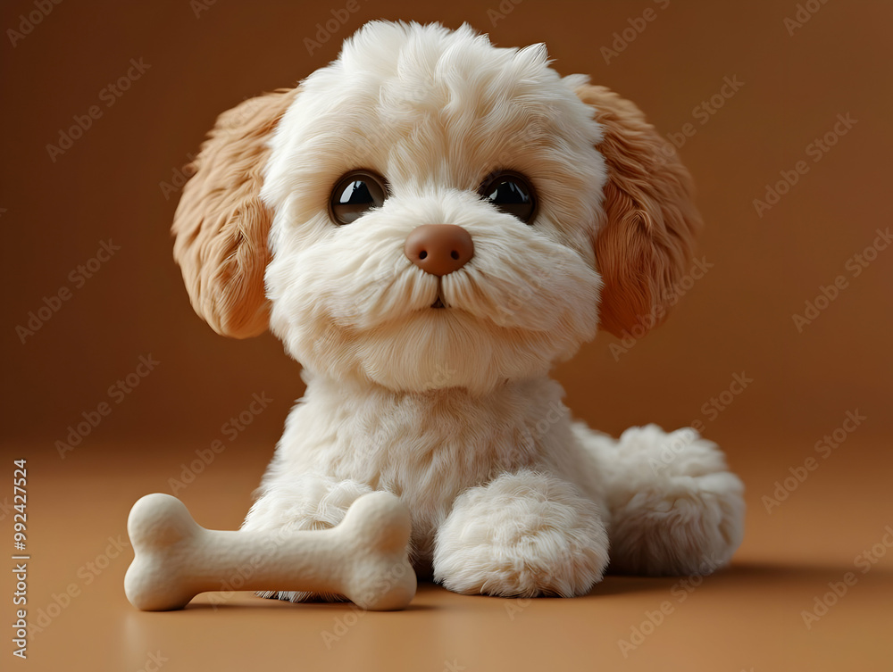 Cute plush dog laying with a bone on a warm, neutral background. Cute plush dog laying with a bone on a warm, neutral background.