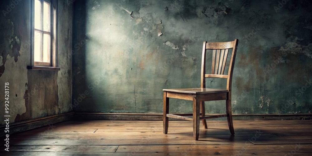 Old weathered wooden chair sits in an empty room , vintage, rustic, interior, furniture, room, empty, abandoned, antique, retro, aged Old weathered wooden chair sits in an empty room , vintage, rustic, interior, furniture, room, empty, abandoned, antique, retro, aged