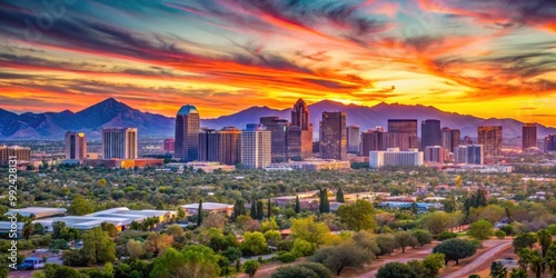 Vibrant skyline of Phoenix Arizona at sunset, Phoenix, Arizona, skyline, cityscape, desert, Southwest, sunset