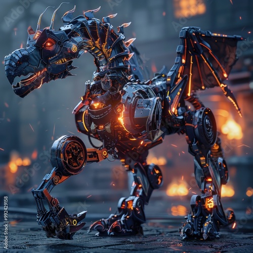 Futuristic dragon robot that breathes fire AI generated image