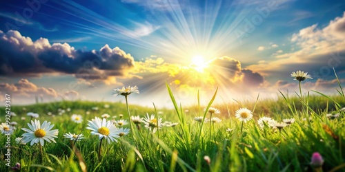 Grass flowers in the foreground with a scenic sky background and sunlight, grass, flowers, sky, sunlight, nature, beauty