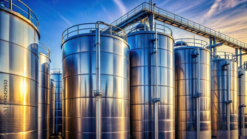 Close up of shiny fuel tanks on industrial site, fuel tanks, storage, industry, metal, containers, petroleum Close up of shiny fuel tanks on industrial site, fuel tanks, storage, industry, metal, containers, petroleum
