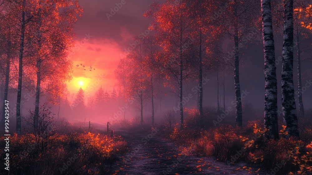 Serene sunset in a misty forest with vibrant autumn foliage. Serene sunset in a misty forest with vibrant autumn foliage.