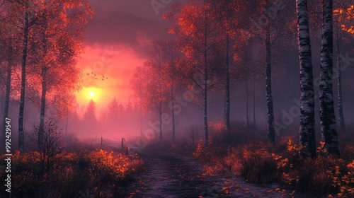 Serene sunset in a misty forest with vibrant autumn foliage.