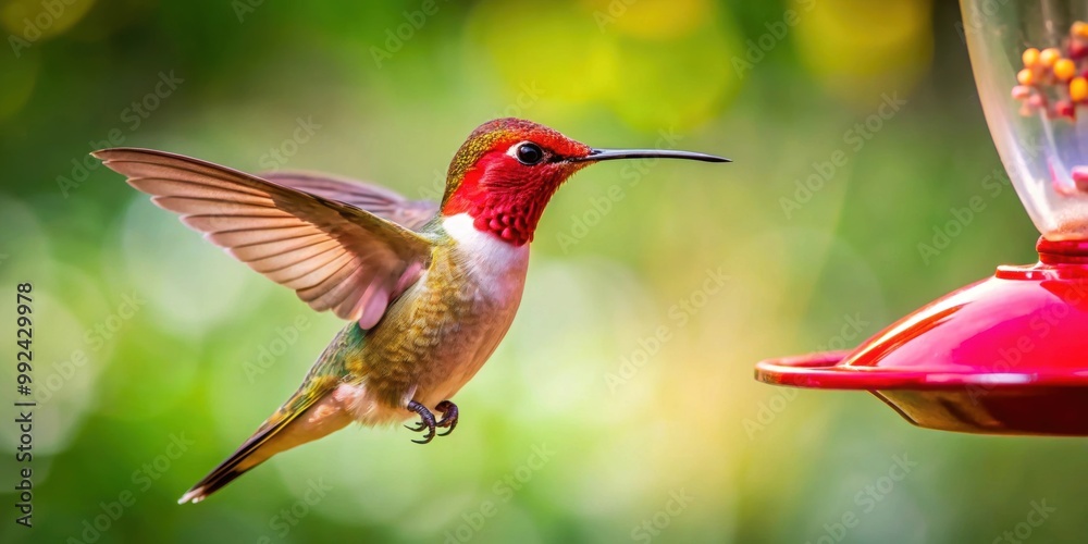 Red hummingbird flying towards birdfeeder, red, hummingbird, flying, feeder, bird, wildlife, nature, feeding Red hummingbird flying towards birdfeeder, red, hummingbird, flying, feeder, bird, wildlife, nature, feeding