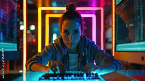 Female hacker sitting in front of a computer against a dark office background of neon lights