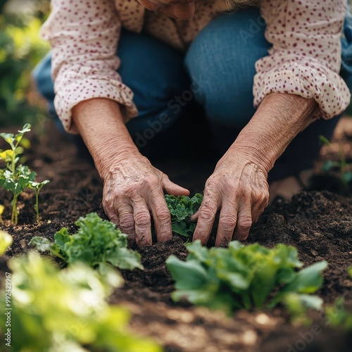 A close-up of a mature woman hands working in the soil as she tends to her garden with joy