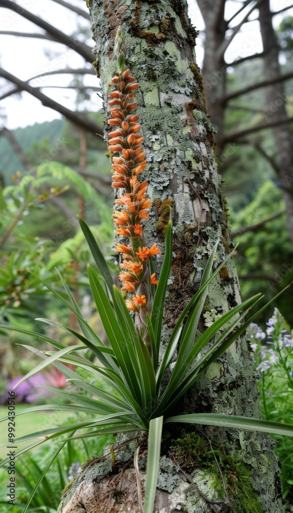 A vibrant orange flower blooms on a tree trunk surrounded by lush green foliage. A vibrant orange flower blooms on a tree trunk surrounded by lush green foliage.
