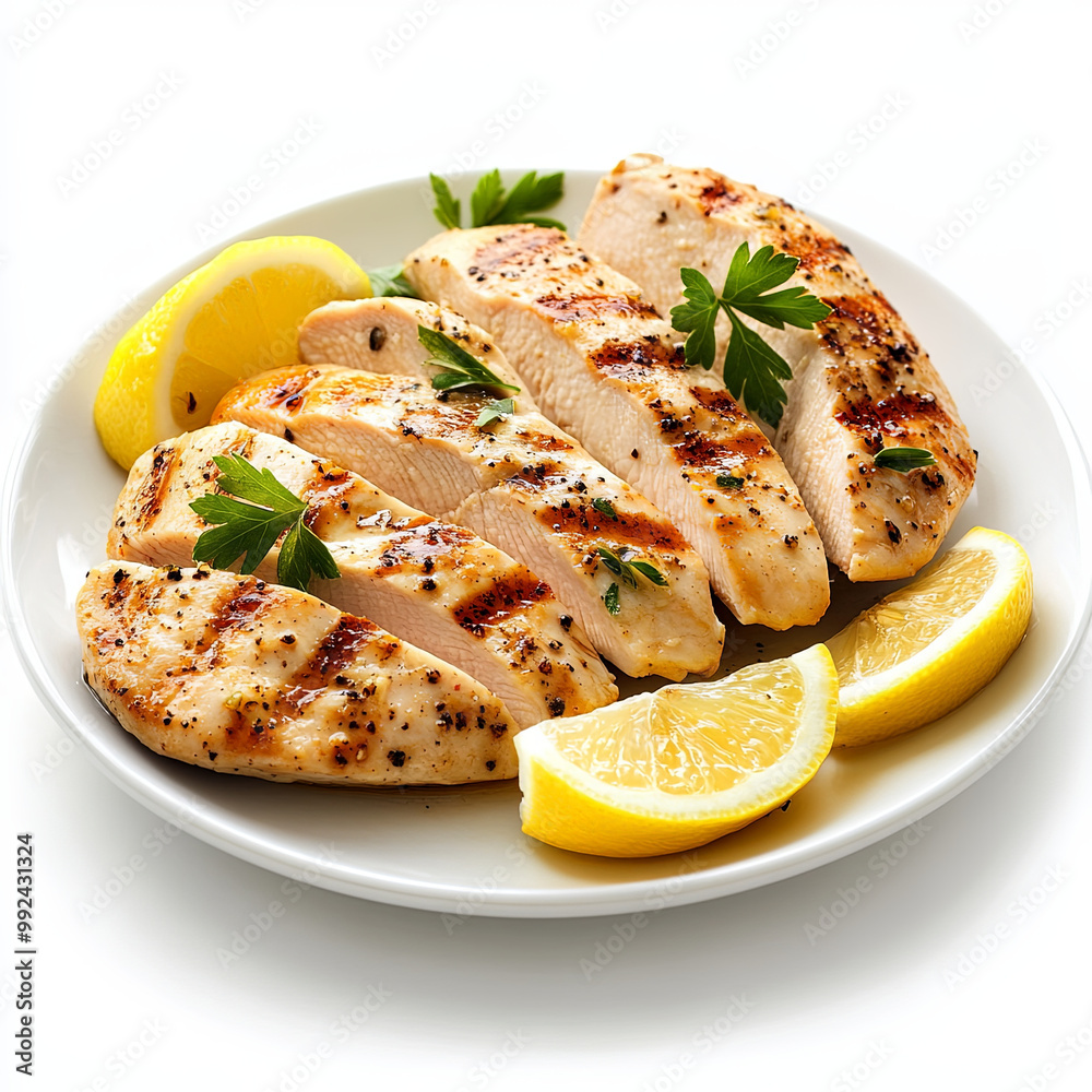 Grilled chicken breast slices garnished with fresh parsley and lemon wedges create delicious and healthy meal. vibrant colors and appetizing presentation evoke sense of freshness and flavor Grilled chicken breast slices garnished with fresh parsley and lemon wedges create delicious and healthy meal. vibrant colors and appetizing presentation evoke sense of freshness and flavor
