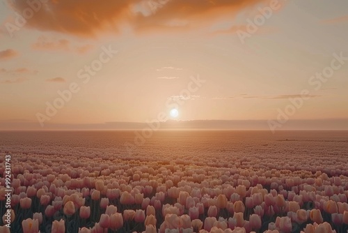 A field of pink tulips bathed in the warm glow of sunrise. The sky is a soft orange, and the sun peeks through the clouds.