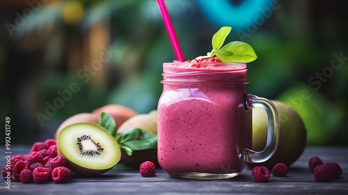 Rose apple protein shake served mason jar placed vibrant wellness retreat counter detox drink fresh herb fitness gear softly blurred behind promoting postworkout recovery Scientific name Syzygium photo