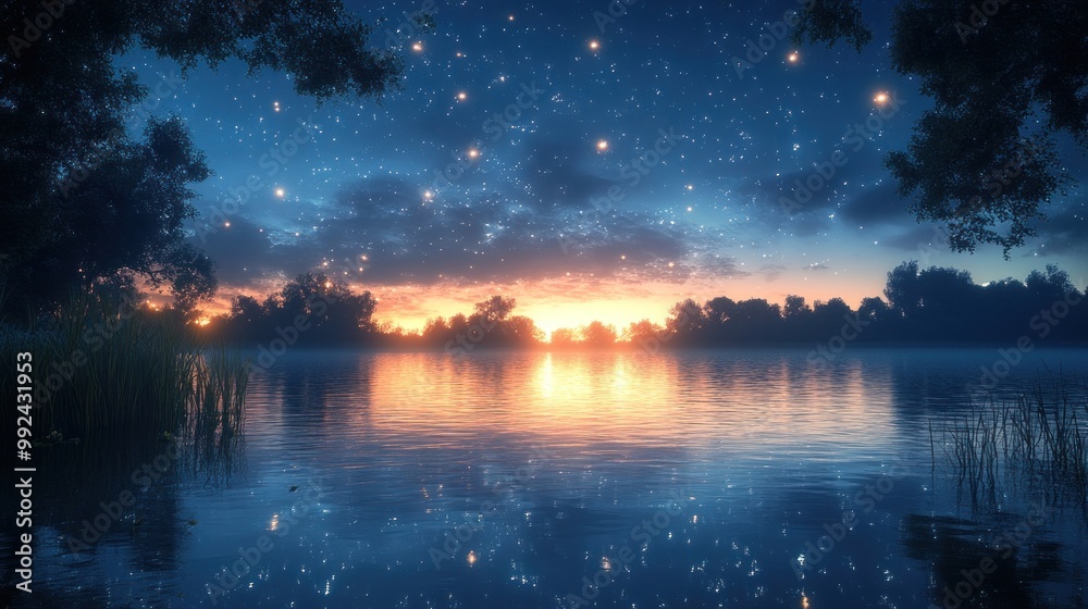 Obraz premium Serene twilight over a calm lake with starry sky reflections.