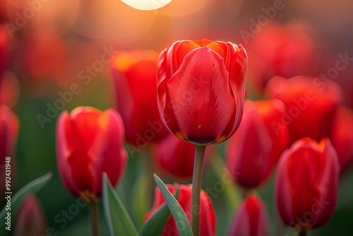 A single red tulip stands out among a field of its brethren, bathed in the soft glow of the setting sun. photo