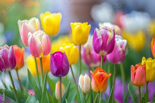 A vibrant mix of colorful tulips in bloom, showcasing shades of pink, purple, yellow, and orange. #992431962